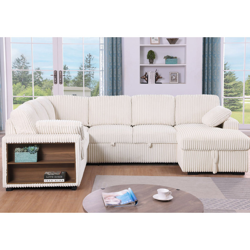 Canapé-lit modulaire avec lit escamotable, accoudoirs de rangement, méridienne de rangement orientée vers la droite, Beige