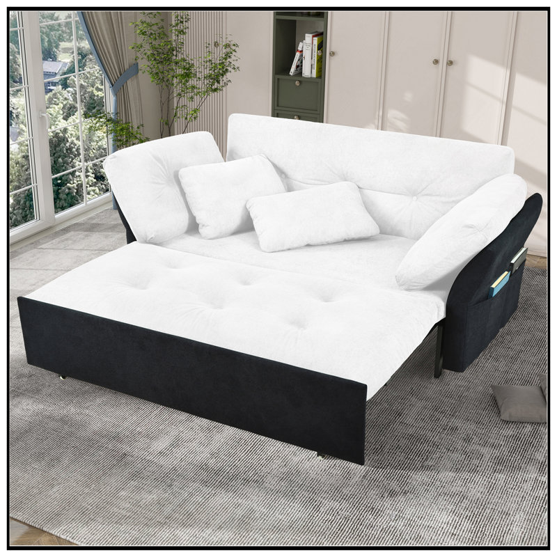 Convertible Pull Out Sofa Bed Queen Size, 3-In-1 Multi-Functional Chenille Loveseat With Thick Cushions And Side Storage