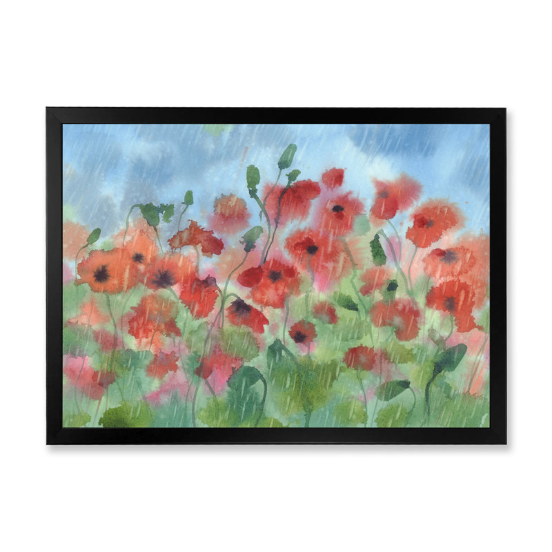 Coquelicots sous la pluie II - reproduction sur toile, Cadre d'angle fermé noir, H 8 po x l 12 po x P 1 po