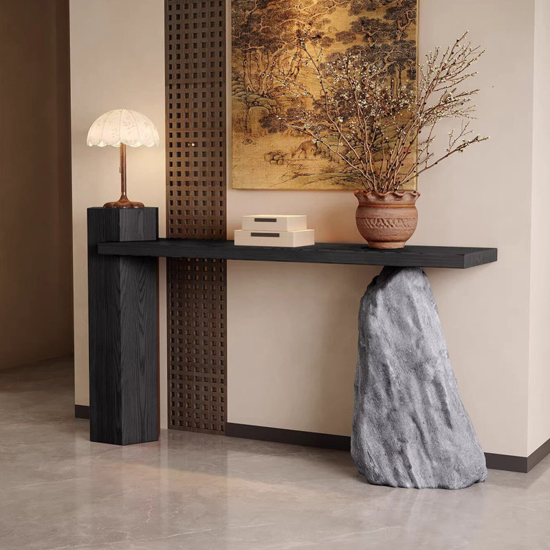 Console de style chinois, H 39,4 po x l 86,6 po x P 11,8 po, Noir / Gris / Noir