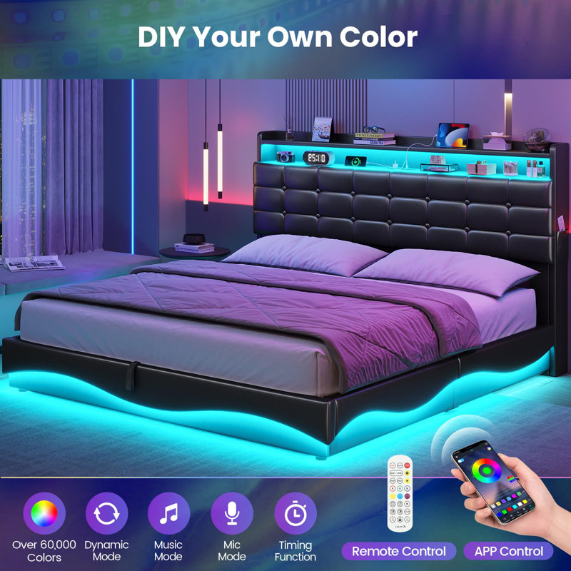 Lift Up Storage  Bed Frame With Charging Station And Hidden Storage Headboard, Led Lights Upholstered Platform Bed With Hydraulic Storage,