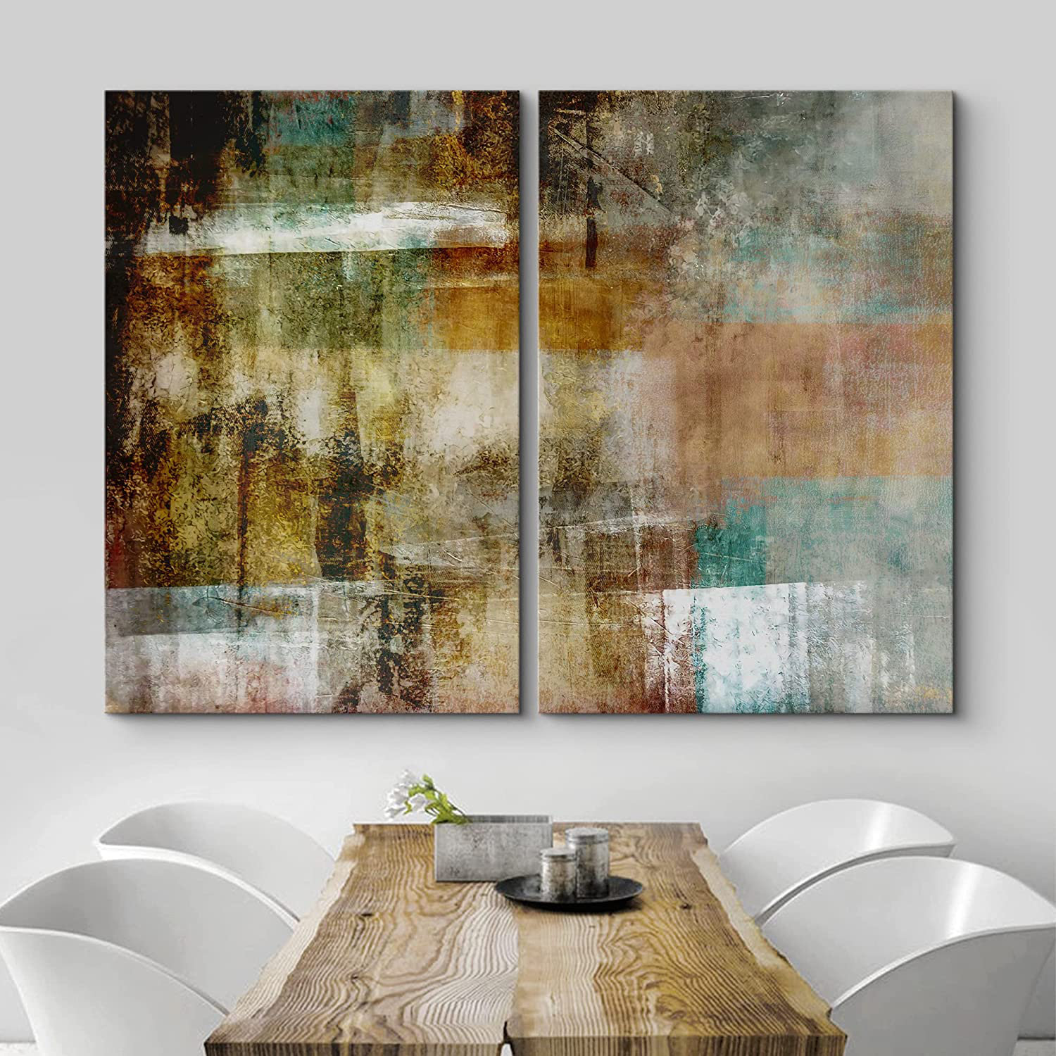 IDEA4WALL Framed Canvas Print Wall Art Set Mid-Century Teal Brown Paint ...