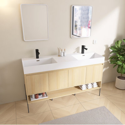 Eckby 60" Freestanding Bathroom Vanity Double Sink,Resin Basin,4 Soft-Close Doors