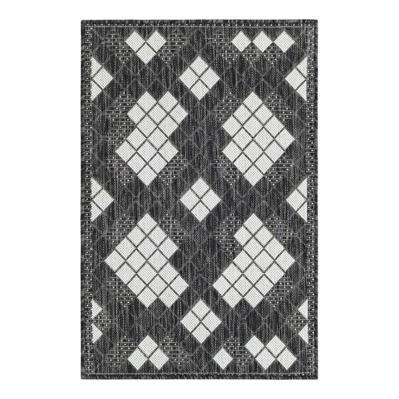 Tapis intérieur / extérieur en polypropylène géométrique tissé à la machine en noir / blanc, Rectangle 2 pi x 3 pi 1 po