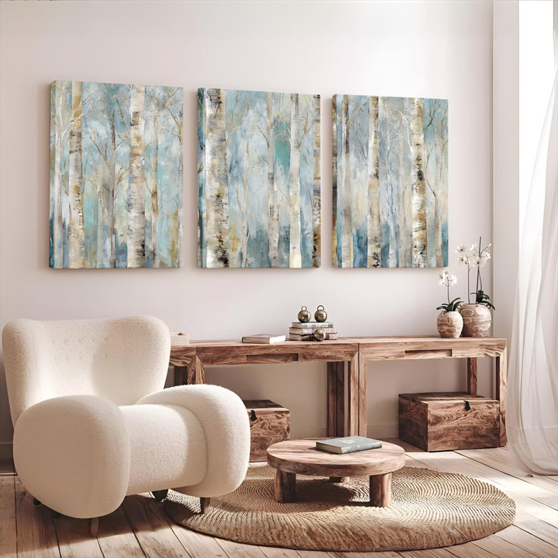 «Birch Tree Forest Abstract Landscape», ensemble de 3 reproductions d'art sur toile tendues, H 18 po x l 36 po