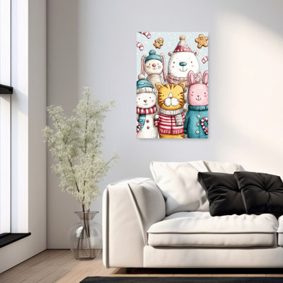 Adorable Winter Animals Whimsical Abstract Contemporary Bear Rabbit Tiger Winter Forest Wall Art Print 1 Piece Wrapped Canvas Wall Art