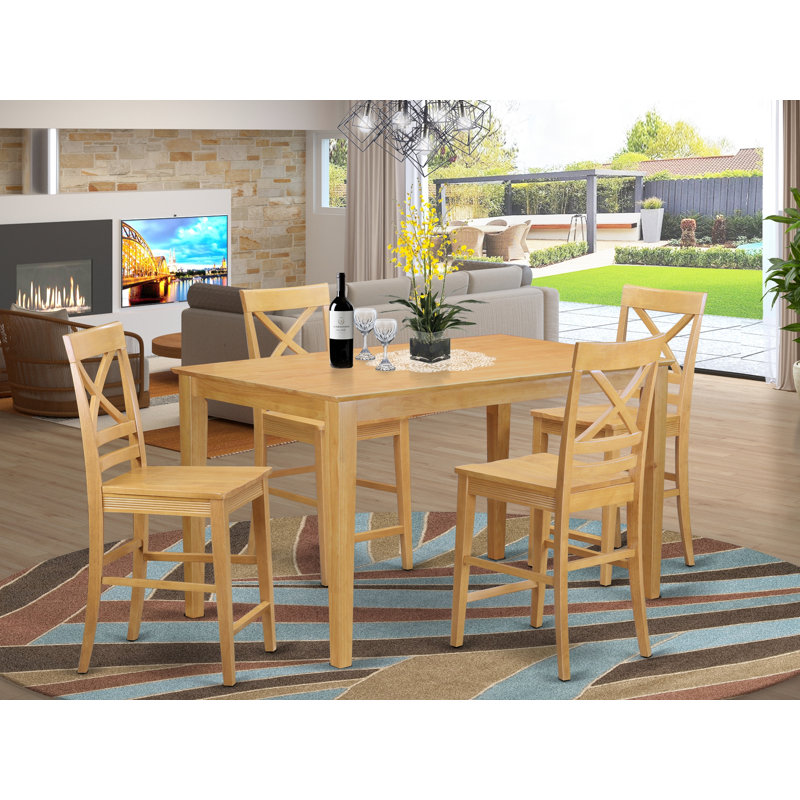 Ensemble de table de salle à manger à hauteur de comptoir 5 pièces comprenant une table de salle à manger rectangulaire et 4 chaises en bois, chêne
