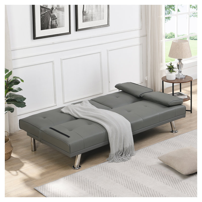 Canapé-lit convertible gris avec accoudoirs et structure en bois