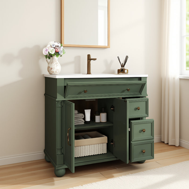 Meuble-lavabo 36 po Mid-Century avec lavabo, structure en bois massif et poignées en métal, Vert, 36"