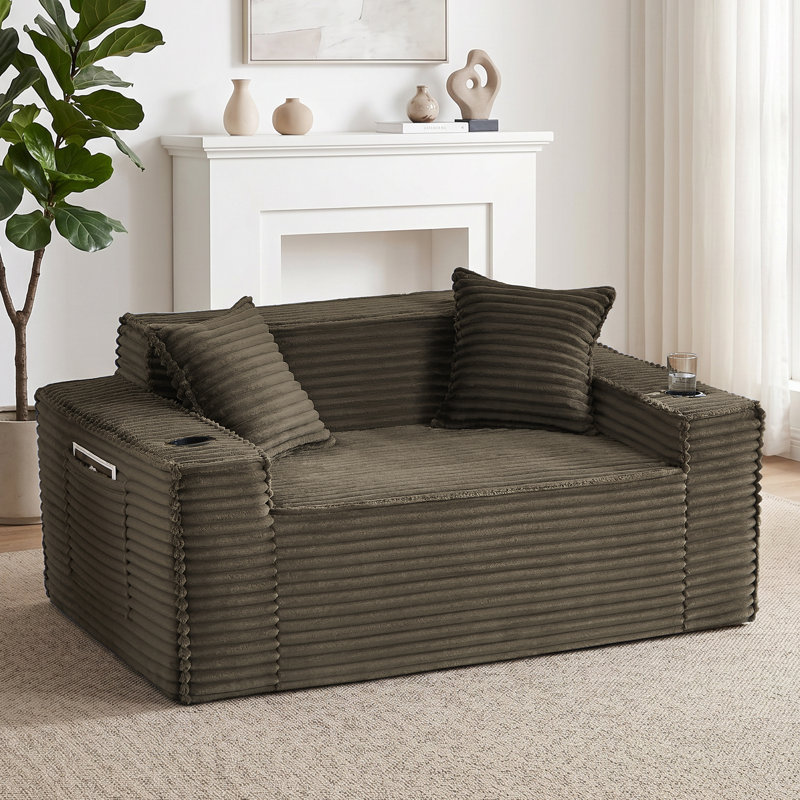 Causeuse surdimensionnée en mousse de 61 po avec oreillers et canapé en velours côtelé de compression Boneless, Brun