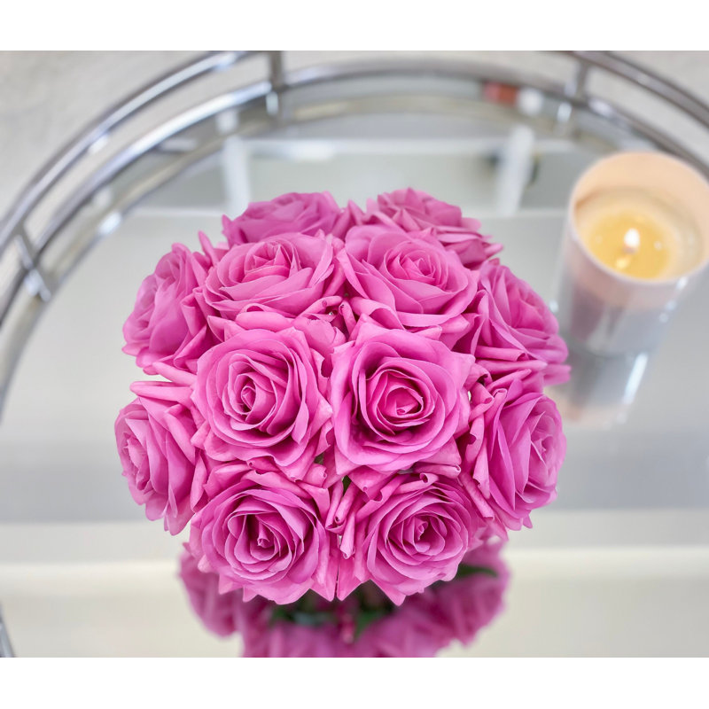 Real Touch Rose Arrangement In Square Glass Vase, Purple Pink