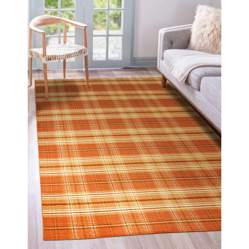 Yellow Flat Weave Wool Tartan Kilim Geometric Modern Contemporary Carpet Rug, 8' x 10'
