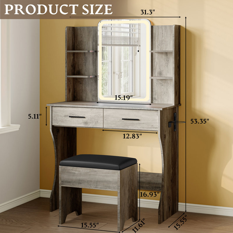 Ensemble de coiffeuse avec miroir à DEL Lacorsha, tabouret de bureau avec prise de courant, 2 tiroirs, 6 tablettes avec éclairage lumineux, 1 support pour sèche-cheveux