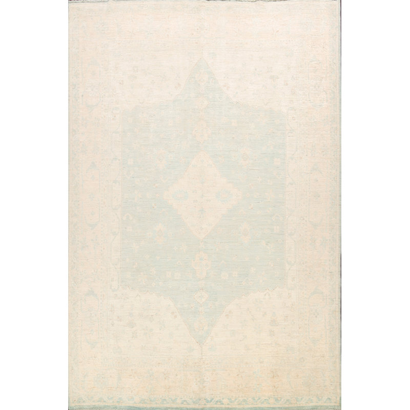 Tapis décoratif en laine de conception unique noué à la main New Age Oushak beige/vert 9 pi 3 po x 10 pi 10 po New Age