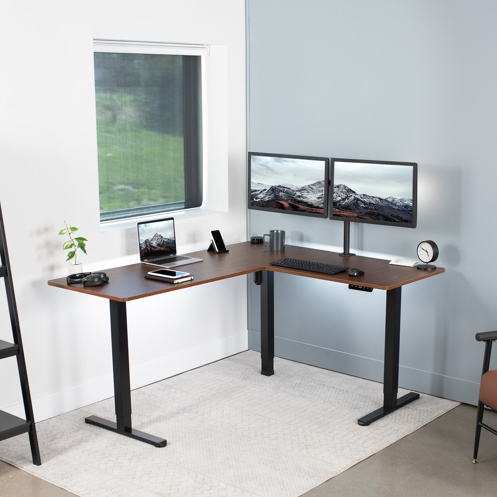 vivo 2-Tier Electric 63 x 55 Corner Desk, Dark Walnut Table Top, Black Frame