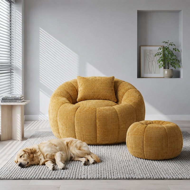 Ensemble de fauteuil à billes et de repose-pieds en mousse viscoélastique Cloud-Like, Chenille jaune