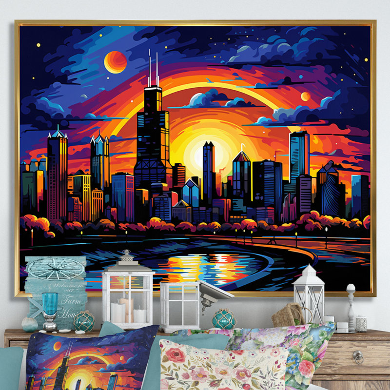 Chicago Popart I sur impression sur toile, H 16 po x l 32 po x P 1 po, Cadre flottant doré