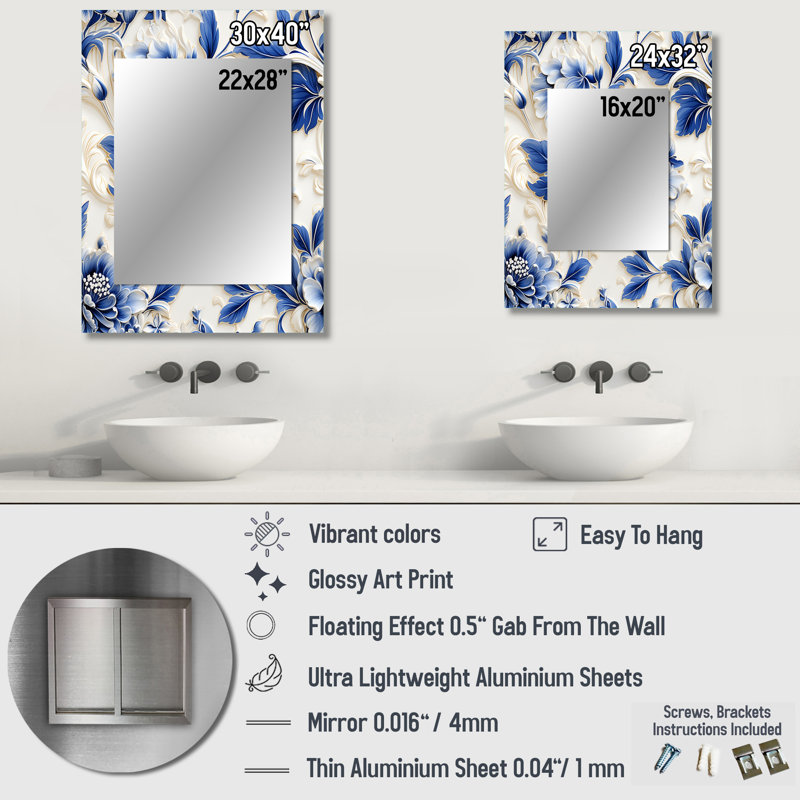 Holman victorien bleu cobalt filigrane motif victorien - miroir mural décoratif floral, 40 po x 30 po