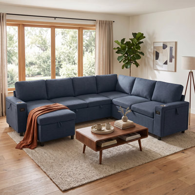 Canapé-lit modulaire en U convertible avec rangement, ports de chargement USB, porte-gobelets et revêtement en chenille, canapé-lit à 7 places