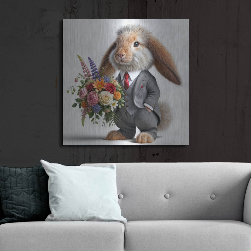  «Formal Bunny With Flowers» par Rey Klimt, art mural en métal, 24 po x 24 po, H 36 po x l 36 po