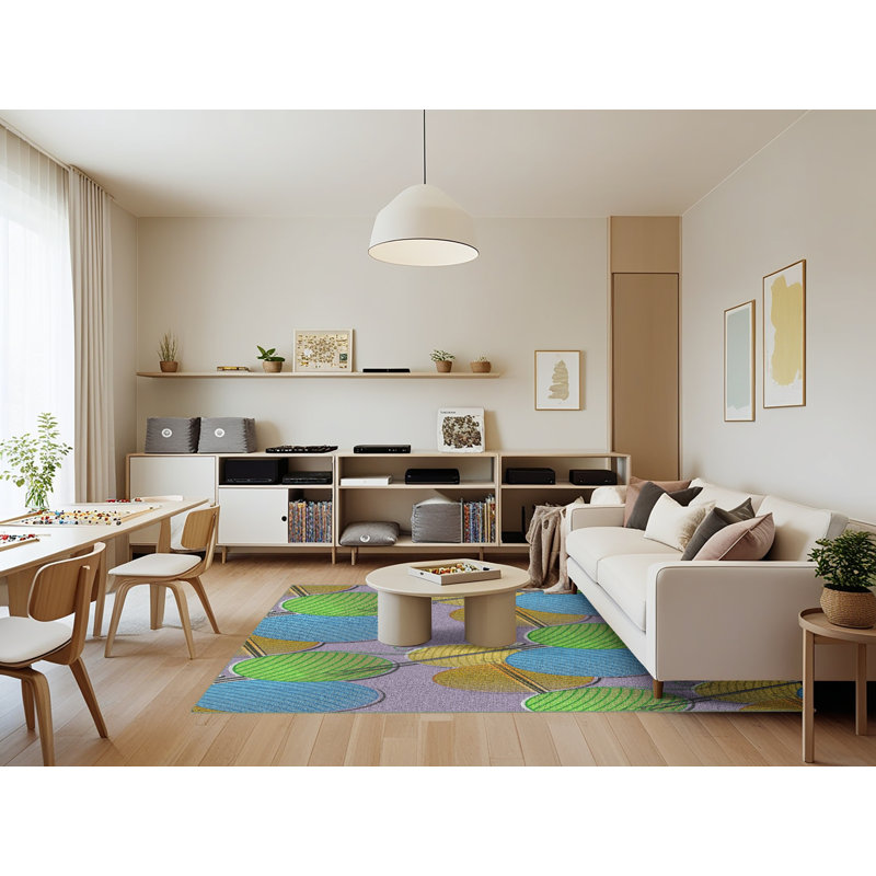 Tapis vert/bleu à motifs, Rectangle 7 pi x 9 pi
