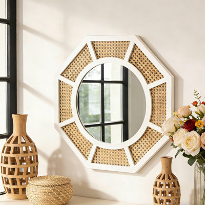 60x60CM Wall Mirror Octagonal Rattan Woven Wooden Frame Accent Mirror