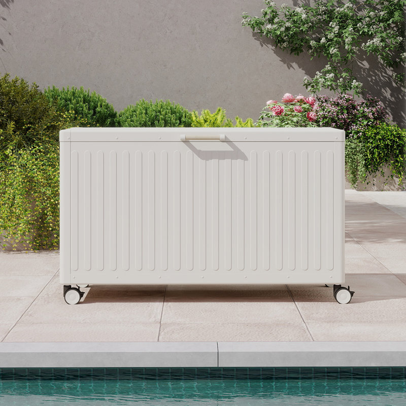 134 Gallon Large Outdoor Deck Box with Wheels, Latte, 31'' H x 51.2'' W x 23.8'' D, 134