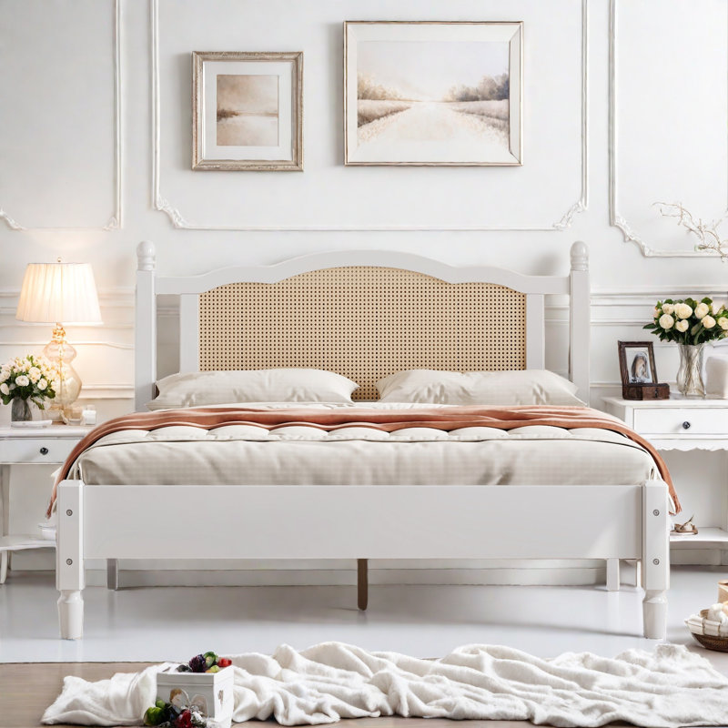 Queen White Pine Wood Platform Bed with Rattan Headboard