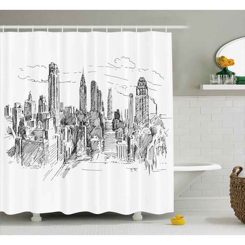 Rideau de douche cityscape de la pluie et des crochets Blondelle, H 70 po x l 69 po