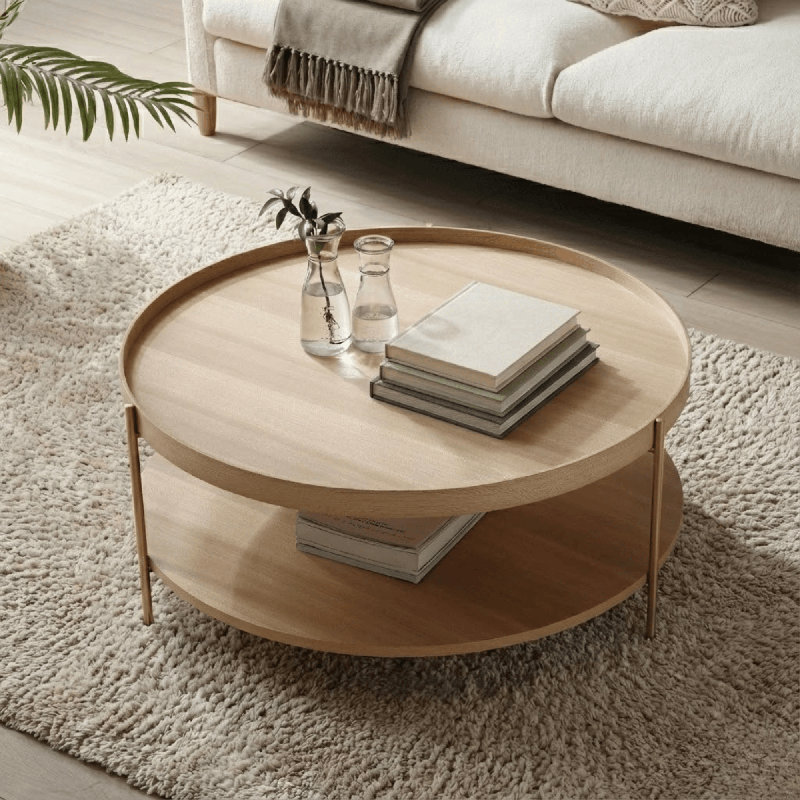 Table basse ronde avec plateau de rangement élégant et moderne Dualta, H 14,96 po x l 35,43 po x P 35,43 po, Frêne, Or