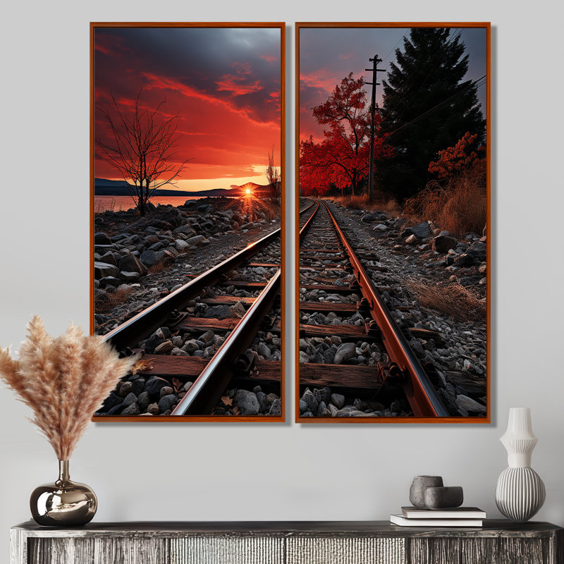 Train, train rouge, paysage I, 20" H x 24" W, Brown, Impression encadrée flottante