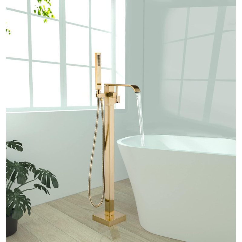 Modern Luxury Brushed Gold Freestanding Bathtub Faucet - Floor Mount Tub Filler with Handheld Shower Head for Bathroom