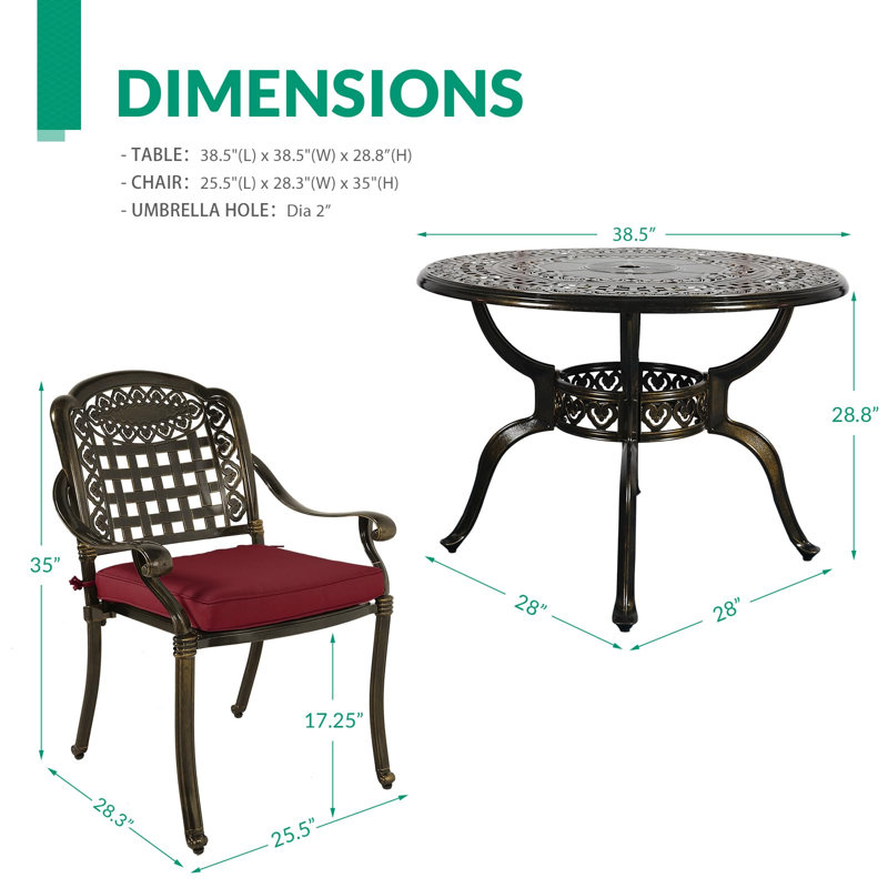 Newton Vivijason 5-Piece Patio Furniture Dining Set, All-Weather Cast Aluminum Outdoor Conversation Set, Include 4 Cushioned Chairs And 1 Round Table W/Umbrella Hole For Balcony, Lawn, Garden, Backyard