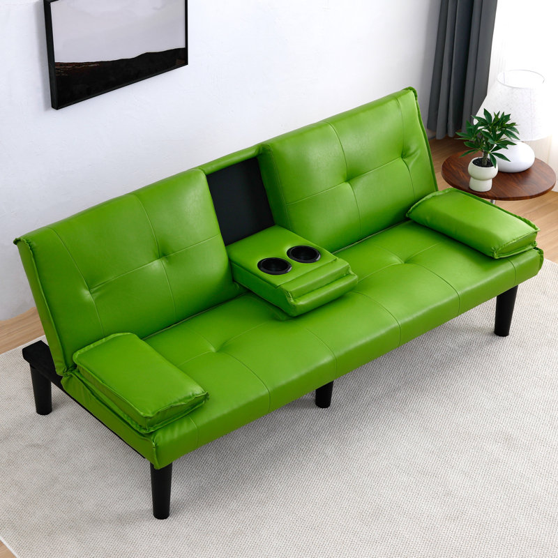 66.88" Pvc Multifunctional Foldable Sofa Bed With Cup Holder – Essential For Small Spaces, Green