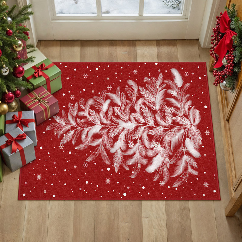 Tapis d'intérieur lavable à la machine Velora Red Feather Christmas Tree avec envers antidérapant, Rectangulaire 2 pi x 3 pi