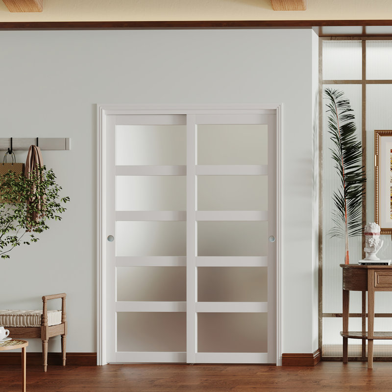Sliding Door–5 Lite Frosted Glass Panel Design White MDF With Built-In Handles & Smooth Sliding Hardware, 60" x 80"