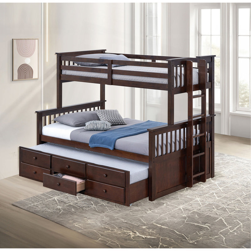Lit superposé simple au-dessus d'un lit double transitionnel avec échelle et tiroirs sous le lit, Noyer foncé