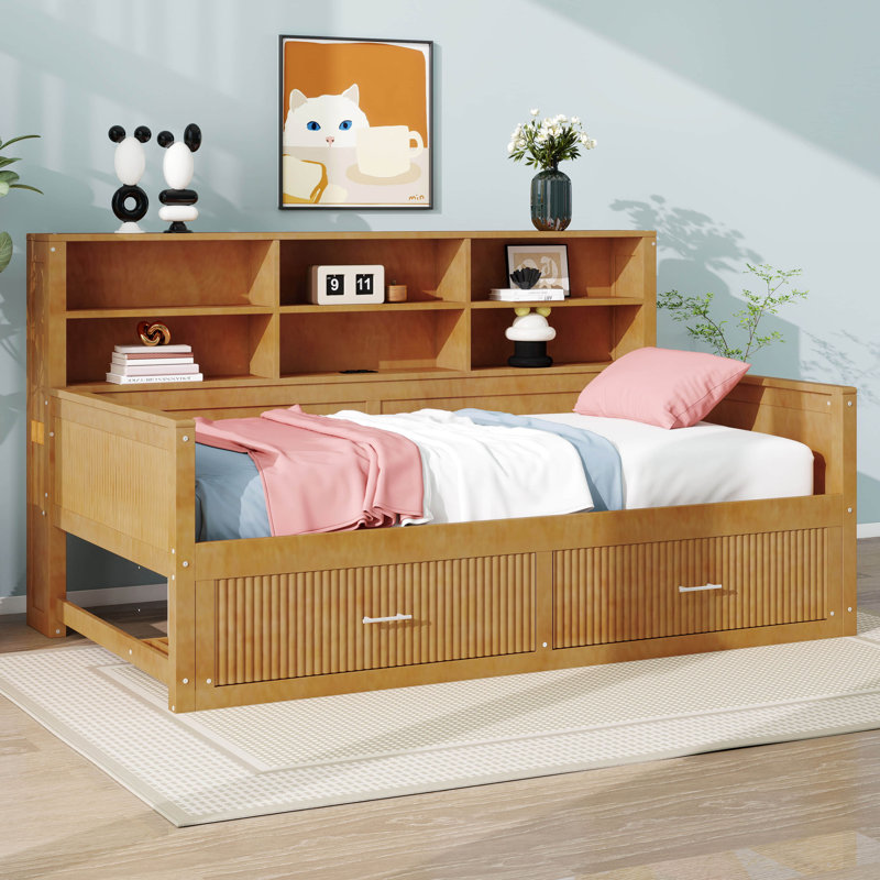 Lit de jour en bois avec étagères de rangement et 2 tiroirs, 6 tablettes de chevet, design à panneaux cannelés, Lit simple