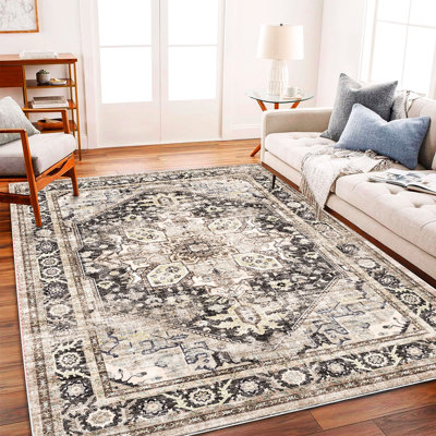 Tapis lavable 305 x 425 cm, noir, violet et kaki, motif floral rétro bohème, ne peluche pas, entretien facile, idéal pour les zones de passage fréquent comme le salon, la chambre, le bureau, la table basse ou la cuisine. Grand tapis.