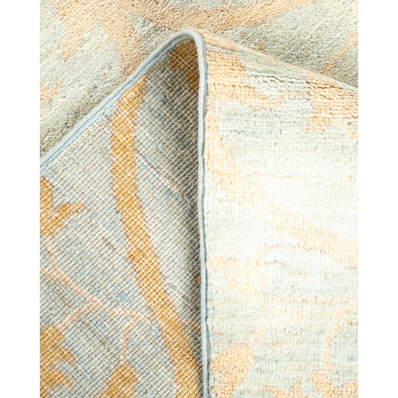 Tapis bleu clair / beige en laine noué à la main de conception unique 7 pi 10 po x 10 pi 1 po New Age