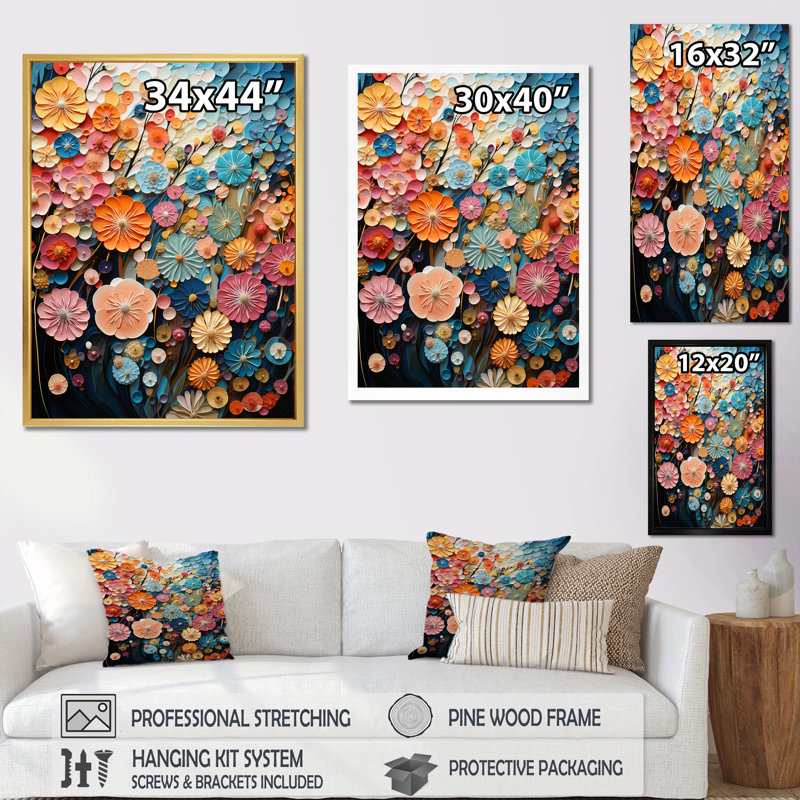 Fleurs du Japon kimono kaléidoscope sur toile, Cadre flottant doré, H 20 po x l 12 po x P 1 po