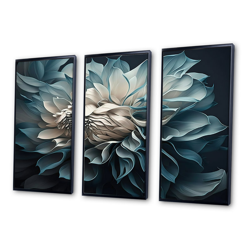 Fleurs de dahlia bleu et blanc Desislava I - impression de 3 pièces, Cadre noir, L 36 po x H 28 po