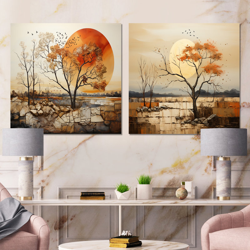 Baobab Tree Harmony - Ensemble de 2 arbres carrés de collage, H 36 po x l 73 po, Toile tendue