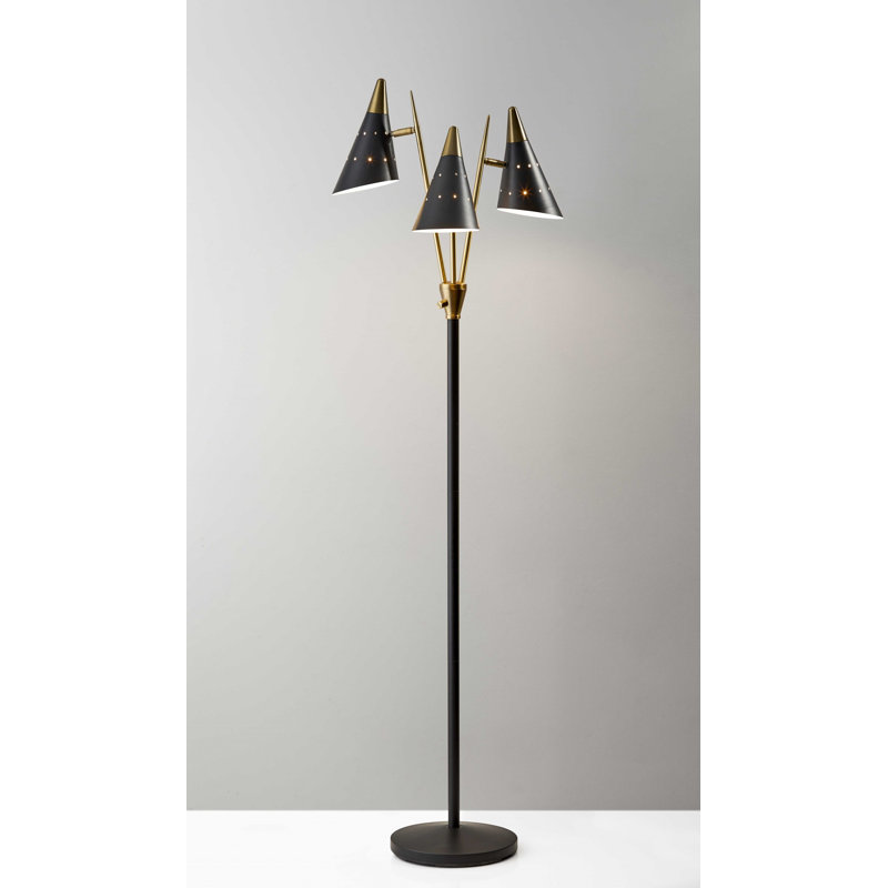 Lampe sur pied noire en métal avec trois abat-jours coniques réglables en laiton antique