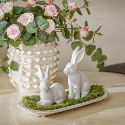 White Frosted Resin Bunny Figurines Set Of 2, Rabbit Statues Indoor Easter Decorations For Spring Home Decor, Decorative Easter Bunny Ornaments For Table Centerpiece Living Room Décor