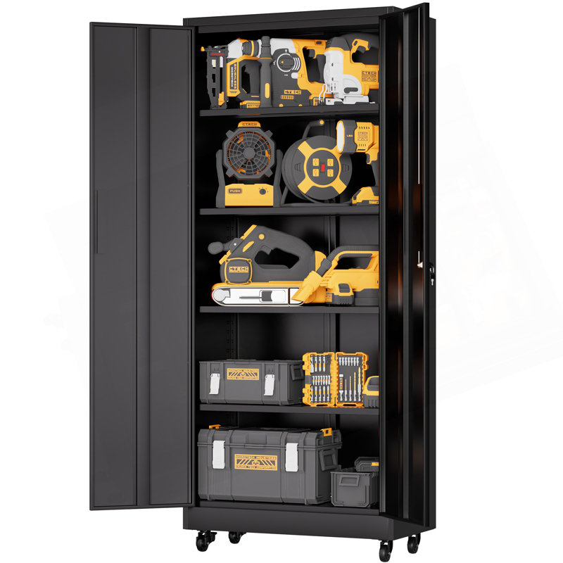 71"H Metal Garage Storage Cabinet with Wheels and Lock,  4 Adjustable Shelves