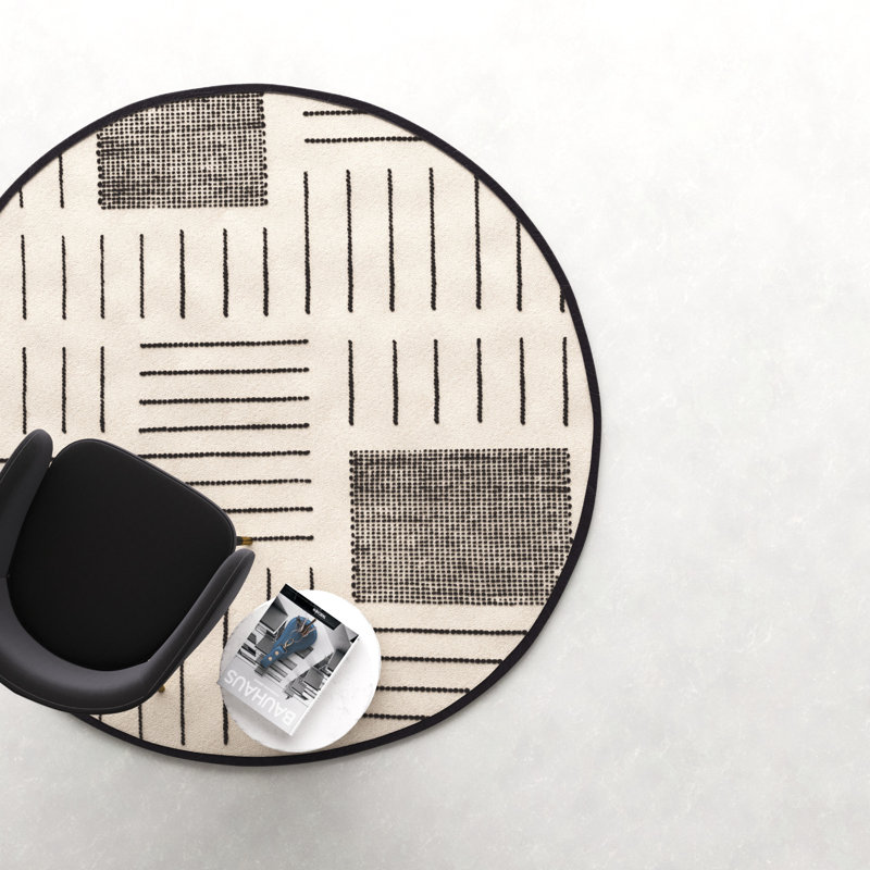 Geometric Handmade Kilim Wool/Cotton Area Rug in Ivory/Black, Round 6'