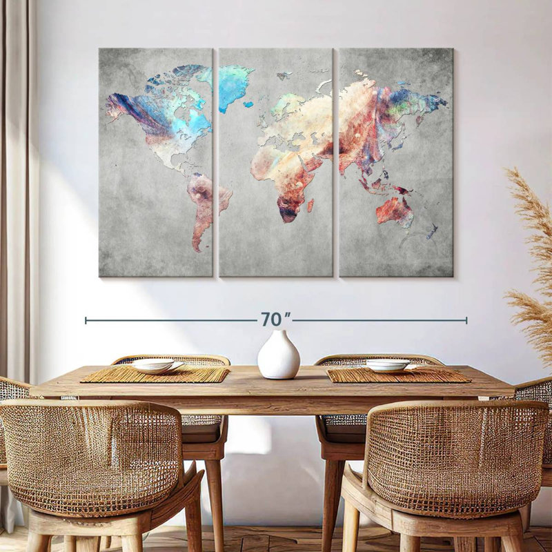 Carte du monde artistique sur toile, ensemble de 3 pièces, H 42 po x l 65 po x P 1,25 po