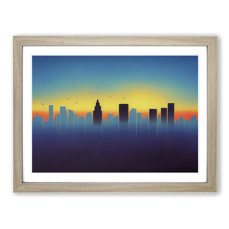 Exhilarating Skyscraper Skyline Abstract - Single Picture Frame Painting, 46cm H x 64cm W x 2cm D, Oak