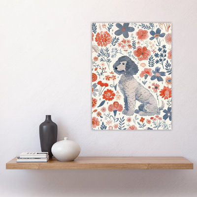 Dog Lover Poodle With Pink Flower Pattern Wall Art Print